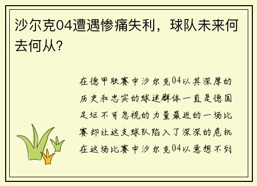 沙尔克04遭遇惨痛失利，球队未来何去何从？