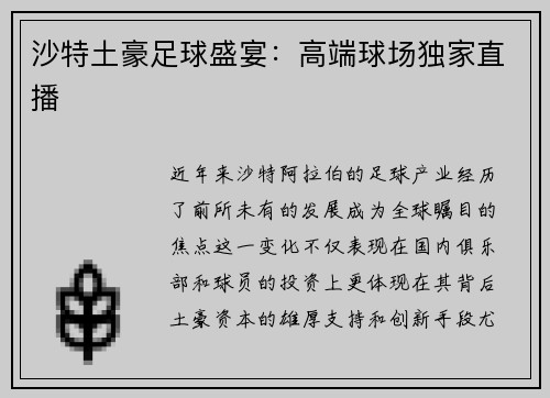 沙特土豪足球盛宴：高端球场独家直播